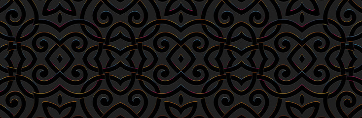 Patterned banner, cover design. Geometric ethnic shiny 3D pattern on black background. Embossed tribal ornaments, arabesques, mandala, fresco, painting of the East, Asia, India, Mexico, Aztec, Peru.