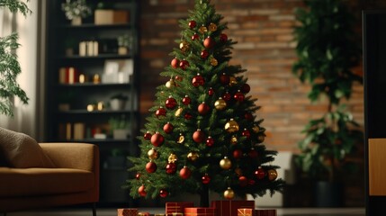 Beautiful decorated Christmas tree with red and gold ornaments in cozy living room with warm lighting and festive ambiance