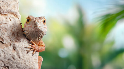 Fototapeta premium Lizard Climbing on Rock Surrounded by Lush Greenery in Bright Outdoor Environment