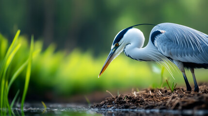Fototapeta premium Elegant Heron Stands by Water's Edge Amid Lush Greenery in Tranquil Natural Setting