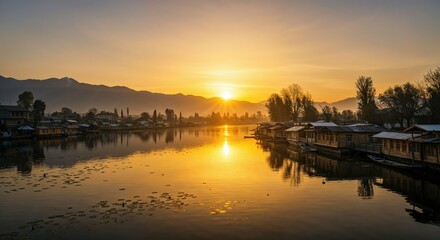 Naklejka premium Sunrise dal lake kashmir india landscape mountains travel tourism golden hour