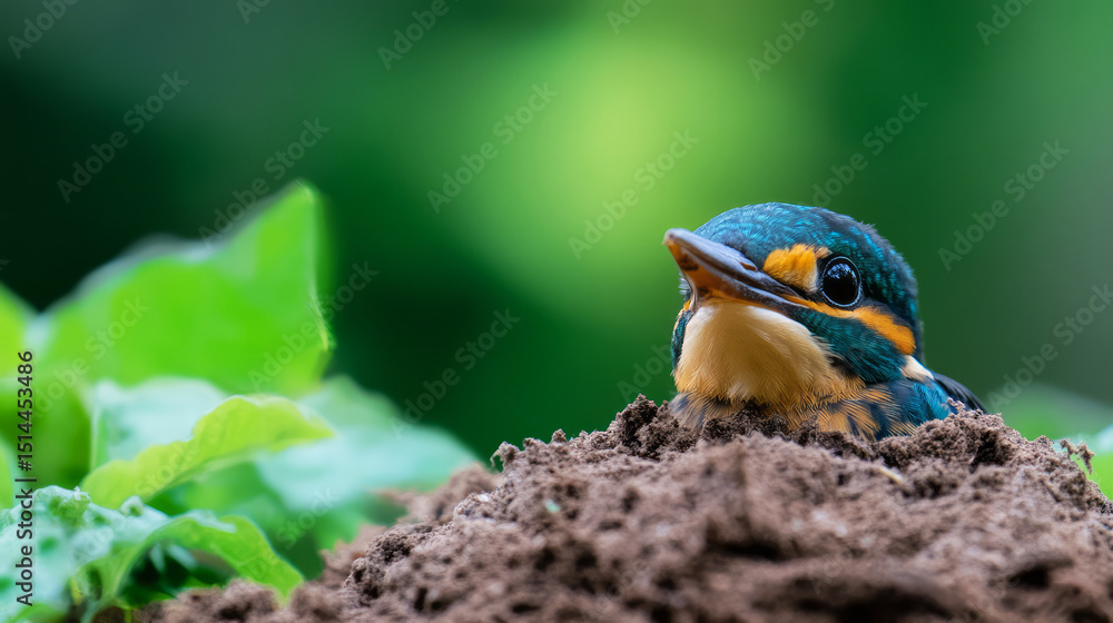 Poster nesting kingfisher bird emerging from nest in natural environment with green background