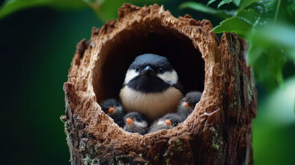 Obraz premium Bird Nest with Caring Parent Bird and Chicks Surrounded by Lush Greenery in Nature Setting