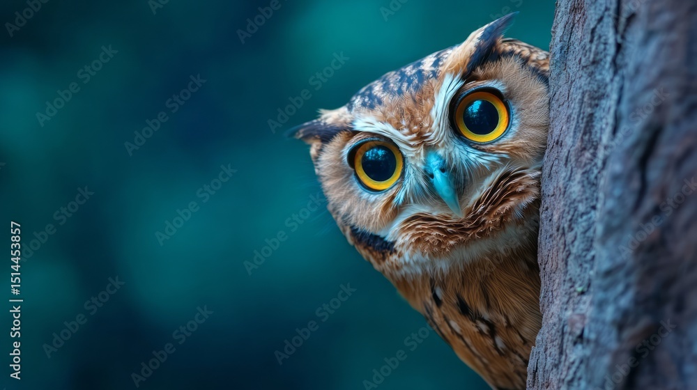 Poster intense close-up of a colorful owl curiously peeking from behind a tree trunk in nature