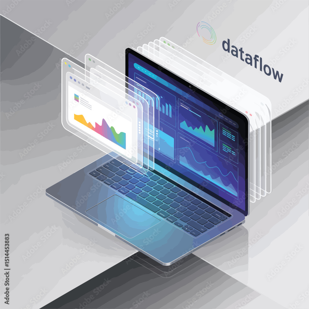 Poster futuristic 3d laptop with transparent overlays showing data analytics, graphs, and insights on scree
