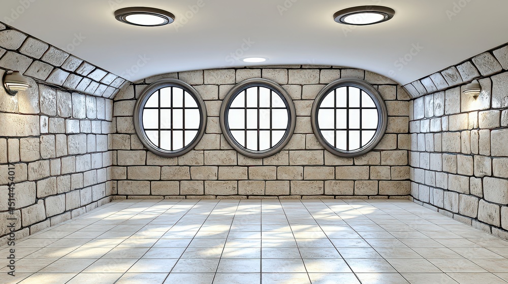 Poster empty room with stone walls, three round windows, and tiled floor. sunlight streams through the wind