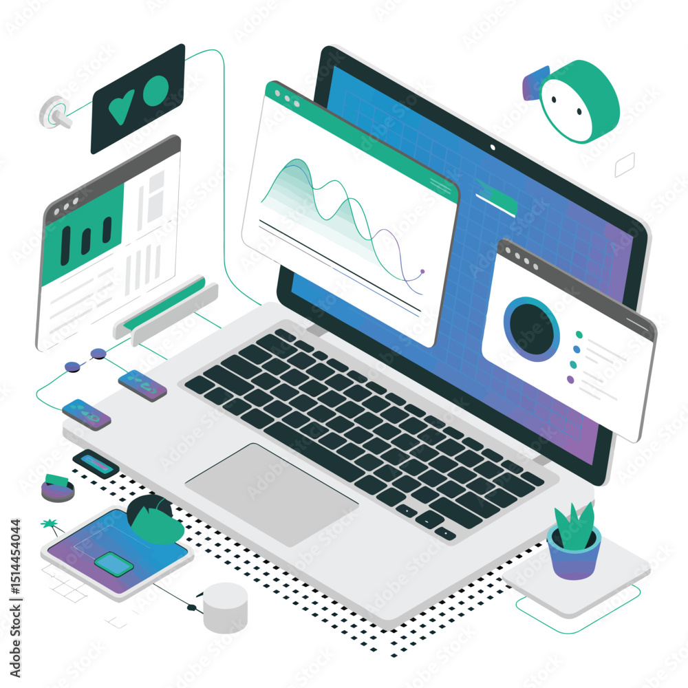 Poster isometric 3d illustration of business analytics dashboard with charts, graphs, and performance metri