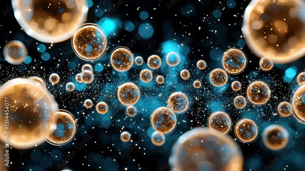 Poster abstract background with glowing golden and teal spheres floating in dark space. bokeh effect adds d