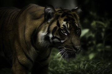 Tiger portrait in dark green environment