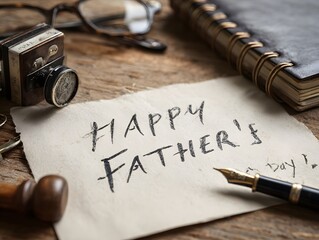 Fototapeta premium “Happy Father's Day” handwritten on paper, with a fountain pen, camera, and glasses on a wooden surface.