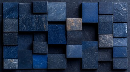 Abstract arrangement of dark blue square stone blocks on a dark background, showing varied texture and subtle color variations
