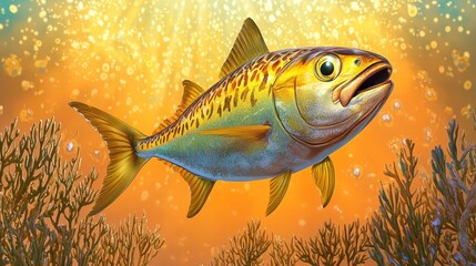 Fototapeta premium Vibrant illustration of a fish swimming underwater, surrounded by golden light and coral. Detailed scales and fins are visible against the warm toned