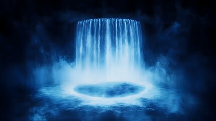 Ethereal blue waterfall cascading into a glowing circular pool, enveloped by mist in a dark setting