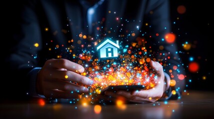 Fototapeta premium Glowing house icon emanates from a smartphone held by a person in a dark setting, suggesting digital home services or real estate technology
