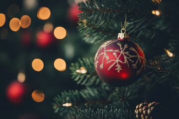 Naklejka premium Warm glow of Christmas ornaments on a festive tree filled with holiday cheer, Christmas decorations
