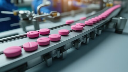 Obraz premium Close-up of a pharmaceutical tablet production line with pink pills moving along a conveyor belt in a modern factory setting