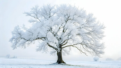 Fototapeta premium A solitary tree covered in frost stands in a snow covered field on a foggy winter day landscape scene