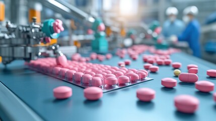 Obraz premium Modern pharmaceutical manufactu process with pink pills on assembly line in a high-tech factory setting