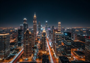 Drone View of City Skyline at Night