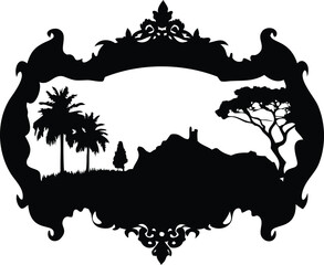 Monochrome Silhouette Landscape within an Ornate Frame, Evoking Tropical and Savannah Scenery