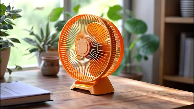 Brightly-colored orange table fan turned on with sunlight falling in modern home interior

