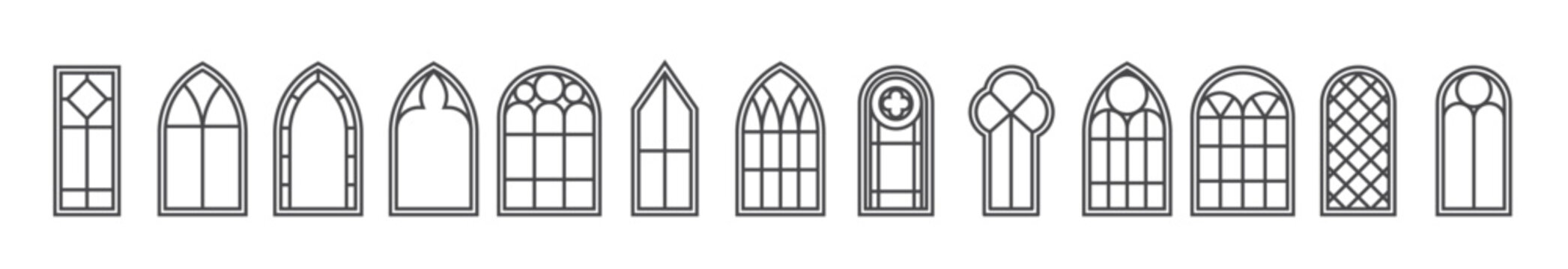 Gothic windows outline set silhouette vintage stained glass church frames element architecture