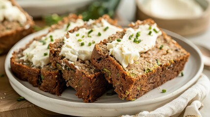 Slices of zucchini bread topped with cream cheese and chives on a white plate closeup view