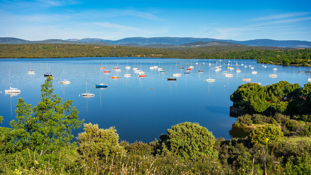 Sailing boats in the Atazar reservoir next to the town of Cervera in the community of Madrid.