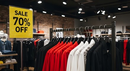 In-Store Fashion Display with Sale Offer and Hangers Full of colorful Apparel