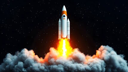 A majestic rocket ascends through a dark, starlit sky, leaving a trail of fiery exhaust and billowing smoke