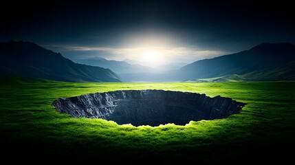 A vast, dark chasm nestled in a vibrant green field, backlit by a radiant sunrise over silhouetted mountains
