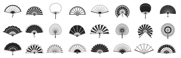 handheld fan black silhouettes Chinese Japanese paper folding hand fans traditions Asian decoration