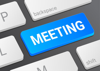 Fototapeta premium Close Up Meeting Button on Laptop or Computer Keyboard for Online Conference, Collaboration, and 3D Business Illustration