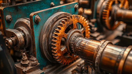 Close-up of industrial gearbox and machinery parts in a factory setting