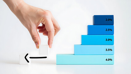 Hand moving block to create an upward progression with financial percentage values on steps