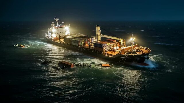 Cargo ship sinking at night. Shipwreck and sea disaster during stormy weather with waves. Maritime accident and vessel crash emergency rescue motion footage.