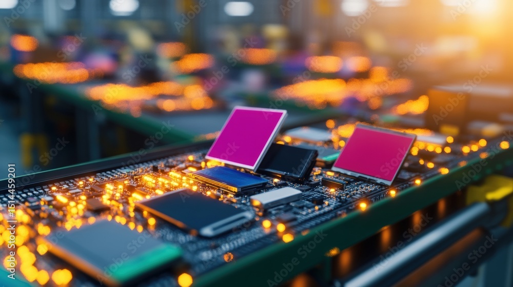 Poster close-up of printed circuit board with microchips and electronic components illuminated with warm li