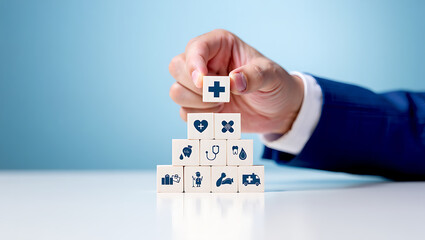 Hand placing health symbol on wooden blocks representing medical and healthcare concepts