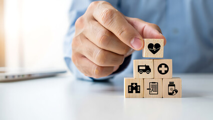 Hand placing heart icon wooden block on a stack of healthcare and medical symbols