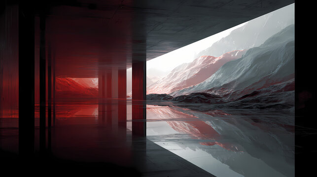 visual concept for AI ethics article | intelligence beyond form | technological seduction | chrome and blood red | cinematic wideshot | alien landscapes | complex panel reflections | hyperreal