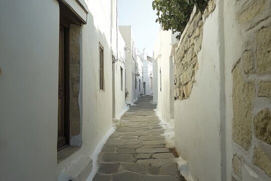 Fototapeta Charming narrow street in Paros island, Greece featuring traditional whitewashed architecture, Narrow street Greece Paros island Traditional greek mediterranean architecture