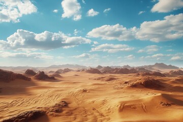 Obraz premium Landscape undergoing desertification showcasing vast sandy terrain and distant mountains under a bright sky, landscape undergoing desertification, Seamless ing Photo background