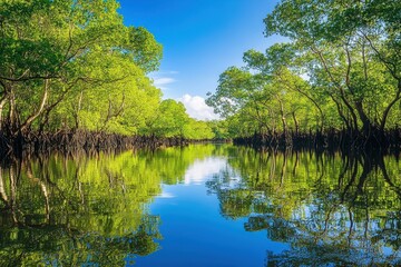 Majestic saltwater mangrove forest reflecting in calm waters of Queensland, Australia during a sunny day, Saltwater mangrove forest in Queensland Australia Daintree national park