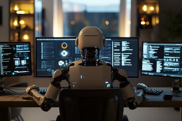Robot working on multiple computers in a modern workspace during evening hours, Rear view of a Robot using multiple computers on desk in living modern room