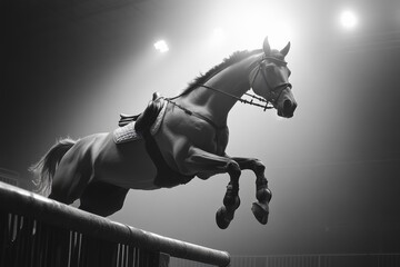 Horse leaps gracefully over obstacle during an indoor equestrian event under soft lighting, Horse leaping over obstacle in slow motion