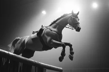 Rolgordijnen zonder boren Horse leaps gracefully over obstacle during an indoor equestrian event under soft lighting, Horse leaping over obstacle in slow motion © Iftikhar alam