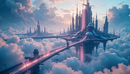 A futuristic city floating above the clouds with glowing neon pathways and flying vehicles