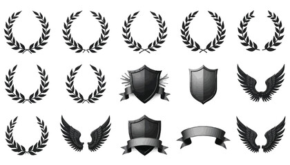 Fototapeta premium Vector Illustration Set of Laurel Wreaths, Shields, Ribbons and Wings in Black Color.