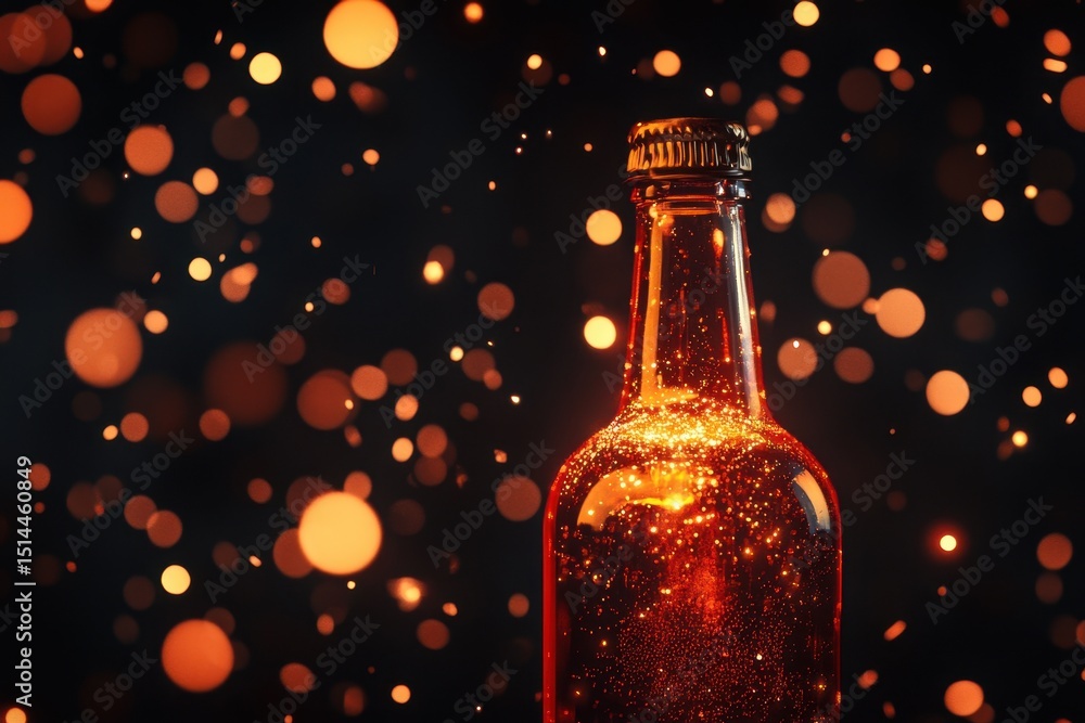 Poster red bottle illuminated by shimmering bokeh lights in a dark setting during the night, red bottle wit
