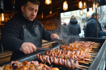 Skewered grilled pork and chicken cooked on a large grill at an outdoor market event, Grilled pork and chicken meat, lamb roasted on a spit street food festival